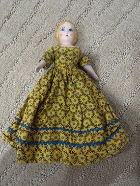 Yellow Floral Fabric porcelain Ruth Gibbs Doll with Blue Trim dress